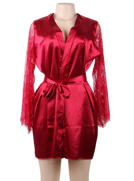 KissICON Red / M(INT.XS-S) Big Size Women's Faux Silk Robe Set Transparent V Neck Sleepwear Nightgown Plus Size Sexy Babydoll Lingerie with Panties