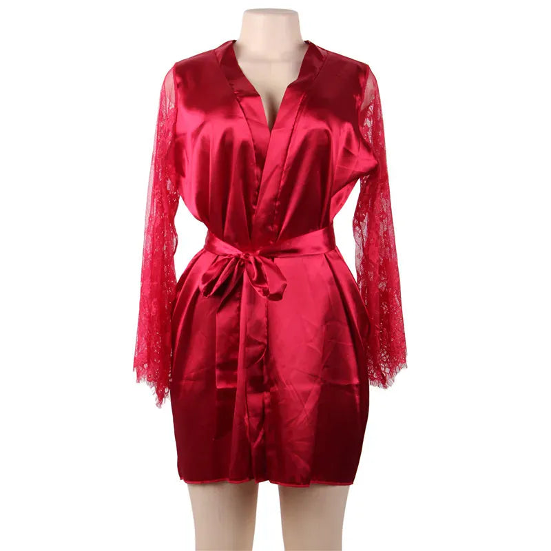KissICON Red / M(INT.XS-S) Big Size Women's Faux Silk Robe Set Transparent V Neck Sleepwear Nightgown Plus Size Sexy Babydoll Lingerie with Panties