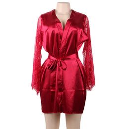 KissICON Red / M(INT.XS-S) Big Size Women's Faux Silk Robe Set Transparent V Neck Sleepwear Nightgown Plus Size Sexy Babydoll Lingerie with Panties