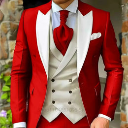 KissICON Red / M Mens Elegant Peak Lapel 3Piece Tuxedo Suit
