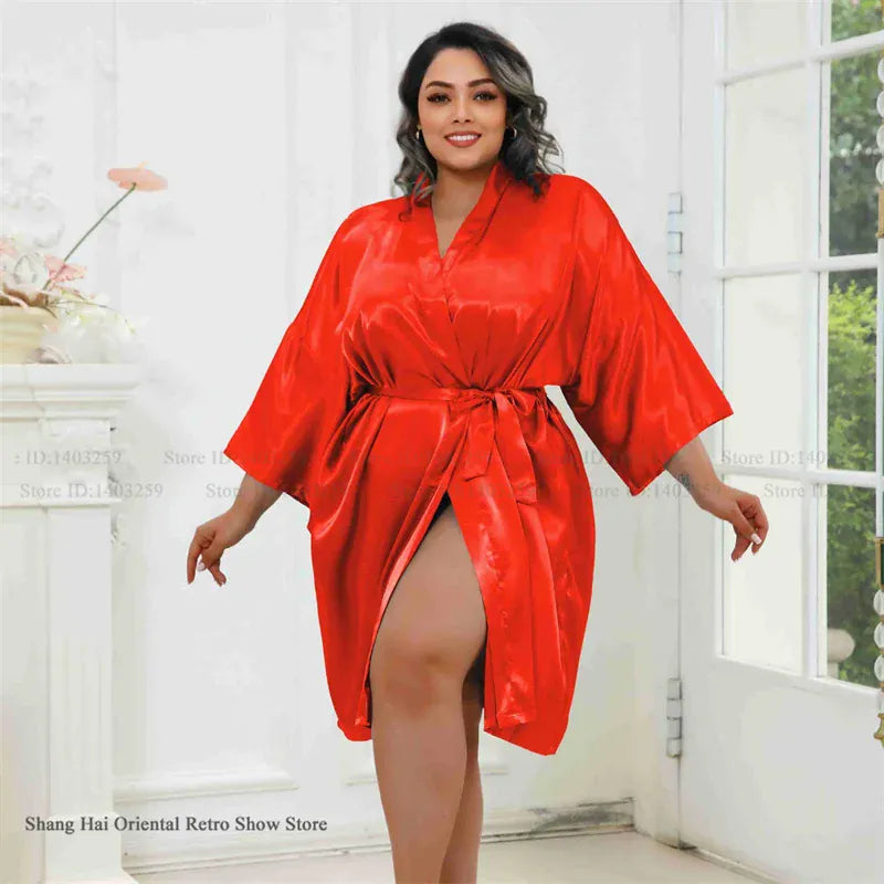 KissICON Red / One Size Plus Size Women Robe Half Sleeve Bathrobe Kimono