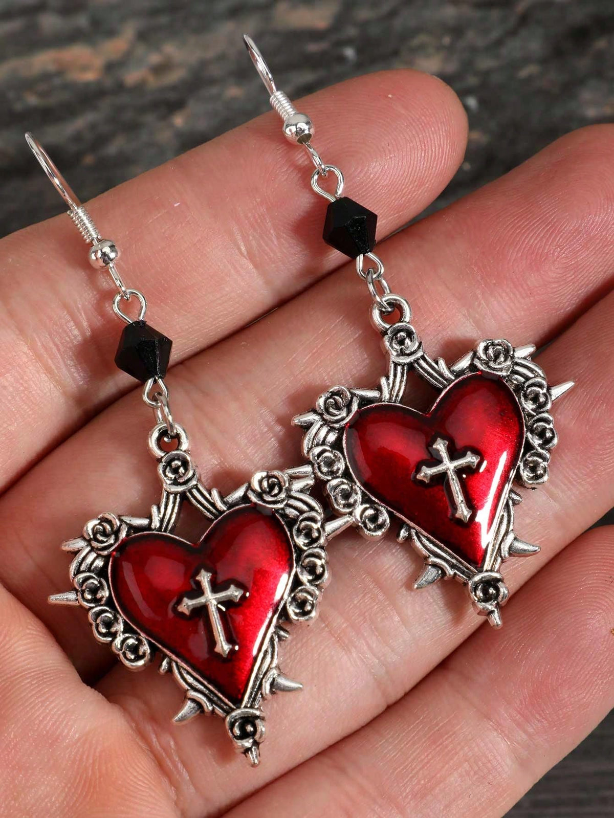 KissICON Red / one-size Y2K Thorn Rose  Cross Beaded Hoop Earrings