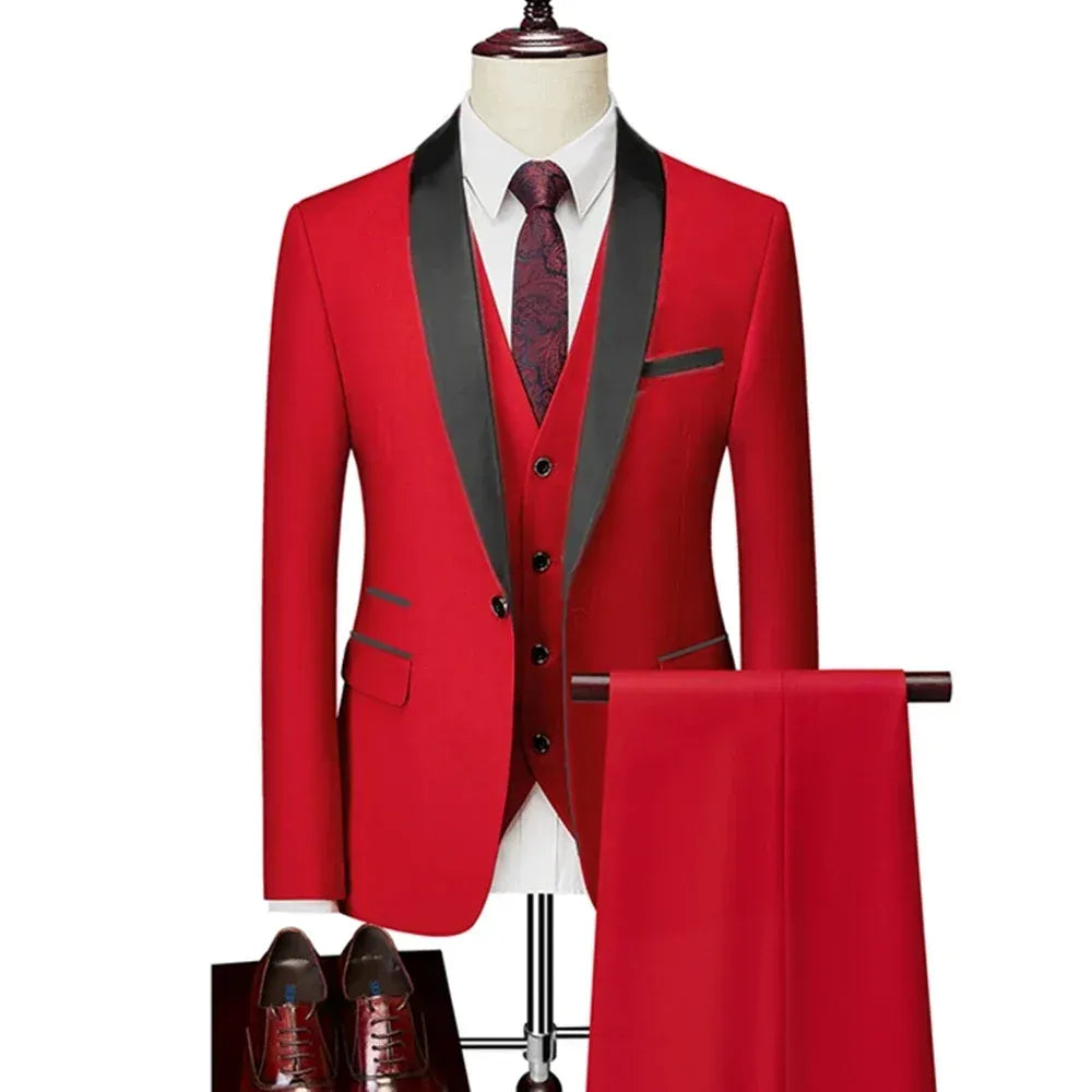 KissICON Red / S Mens Beige Tuxedo Suit Jacket Vest Pants Set