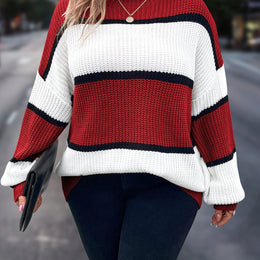 jkthpu-45 Red / UK 16 Chic Plus-Size Striped Sweater for Women - Cozy