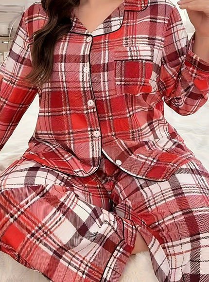 KissICON Red / UK 16 Cozy Curve Red Brown Plaid Loungewear Set