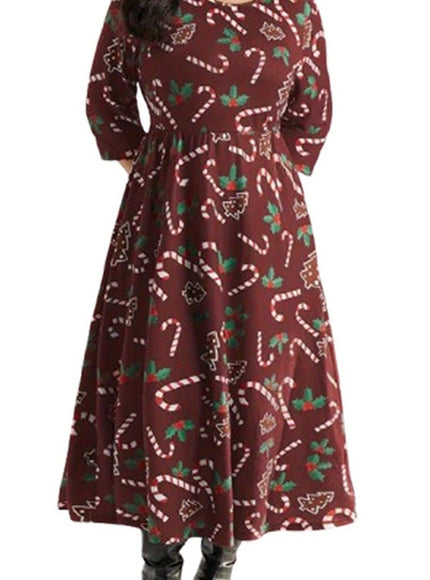 KissICON 【Red】 / UK 16 Curve Candy Cane Print Long Sleeve Christmas Dress