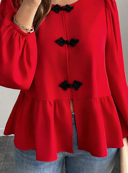 KissICON Red / UK 16 Elegant Red Bell Sleeve Blouse – Chic Curve