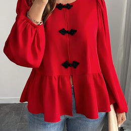 KissICON Red / UK 16 Elegant Red Bell Sleeve Blouse – Chic Curve