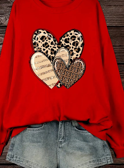 jkthpu-45 Red / UK 16 Fashionable Round-Neck Sweatshirt with Leopard Print And Heart