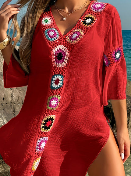 KissICON Red / UK 16 Moxdo Boho Floral V-Neck Maxi Beach Dress