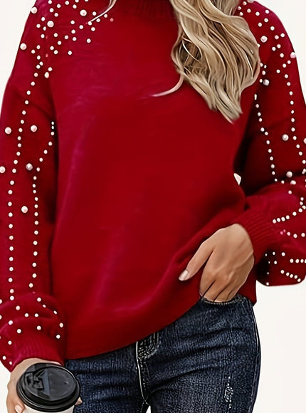 jkthpu-45 【Red】 / UK 16 Plus Size Faux Pearl Elegant Women's Long Sleeve
