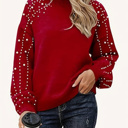 jkthpu-45 【Red】 / UK 16 Plus Size Faux Pearl Elegant Women's Long Sleeve