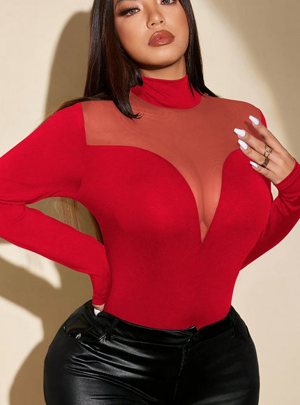 jkthpu-45 Red / UK 16 Plus Size High-Waisted Mesh Sleeve Blouse – Long Sleeve Tunic Red & Black