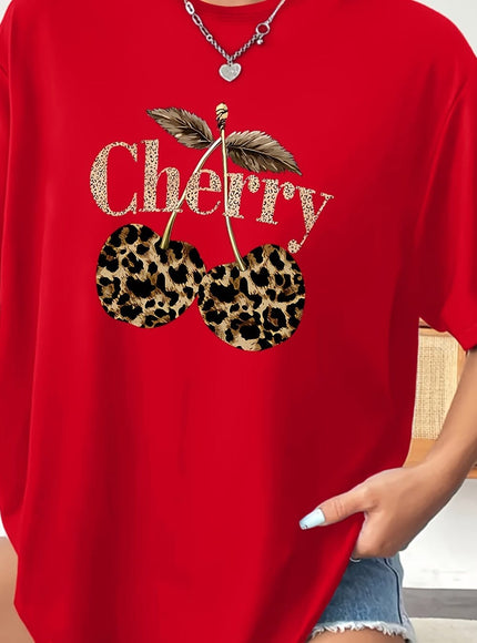 KissICON Red / UK 16 Plus Size - Plus Size - Plus Size Women'S Cherry Print T-Shirt - Casual Short Sleeve Crew Neck, Stretchy Fabric, Spring/Summer/Fall Fashion Top with Leopard Print Design, Casual Wear | Leopard Print Top | Stretchy Fabric Shir