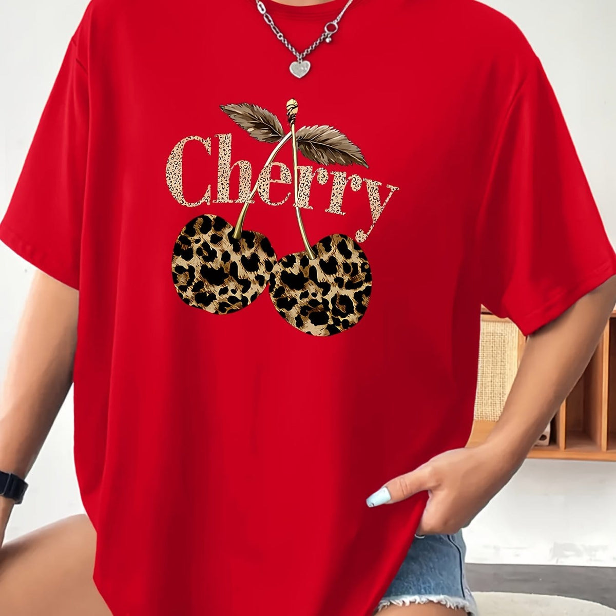 KissICON Red / UK 16 Plus Size - Plus Size - Plus Size Women'S Cherry Print T-Shirt - Casual Short Sleeve Crew Neck, Stretchy Fabric, Spring/Summer/Fall Fashion Top with Leopard Print Design, Casual Wear | Leopard Print Top | Stretchy Fabric Shir