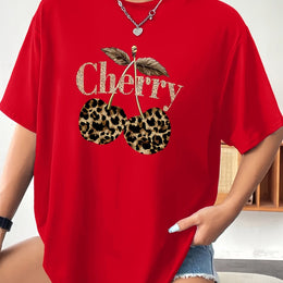 KissICON Red / UK 16 Plus Size - Plus Size - Plus Size Women'S Cherry Print T-Shirt - Casual Short Sleeve Crew Neck, Stretchy Fabric, Spring/Summer/Fall Fashion Top with Leopard Print Design, Casual Wear | Leopard Print Top | Stretchy Fabric Shir