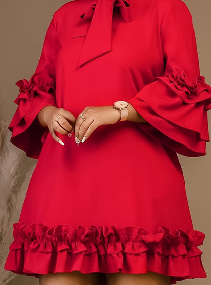 jkthpu-45 【Red】 / UK 16 Plus Size Tie Neck Tunic Dress - 3/4 Sleeve, Ruffle Trim, Slight Stretch, Solid Color, Polyester, Perfect for Wedding, Graduation, Engagement, Party, Holiday, Vacation, Birthday Celebrations