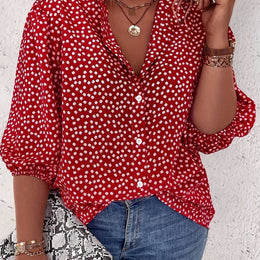 KissICON Red / UK 16 Plus Size Women's Casual Shirt - Floral Print Front Button-Up Blouse with Puff Sleeves, Stand-Up Collar & Lightweight Breathable Fabric for Summer, Machine Washable H-Line Silhouette (Elegant Collection), Relaxed Fit Clothing