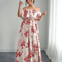 jkthpu-45 Red / UK 16 Plus Size, Women's Floral maxi dress - Elegant flowy party & Formal Event Gown, Beige and Black Floral Print, Machine Washable Non-Stretch Fabric for Wedding, Gala, Everyday Outfits - Plus Size Friendly, Spring Fashion, Fitted Silhouette, Easy Care Materi