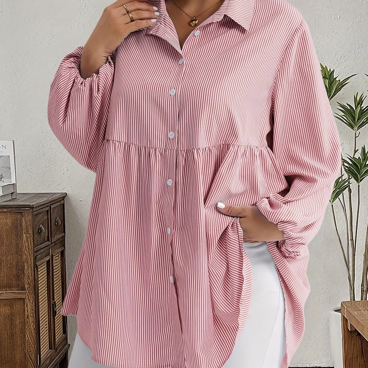 KissICON Red / UK 16 Plus Size, Women's Plus Size Oversized White & Green Horizontal Striped Button- Shirt Jacket-like Blouse - Short Sleeve-like Collar, Wrinkle-Resistant (Machine Washable) H-Line Fit for Year-Round Casual & Dressy Wear (No)