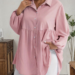 KissICON Red / UK 16 Plus Size, Women's Plus Size Oversized White & Green Horizontal Striped Button- Shirt Jacket-like Blouse - Short Sleeve-like Collar, Wrinkle-Resistant (Machine Washable) H-Line Fit for Year-Round Casual & Dressy Wear (No)