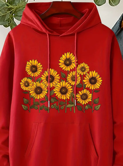 jkthpu-45 Red / UK 16 Plus Size, Women's Sunflower Print Hooded Sweatshirt -