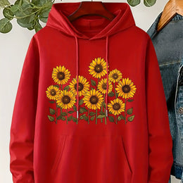 jkthpu-45 Red / UK 16 Plus Size, Women's Sunflower Print Hooded Sweatshirt -
