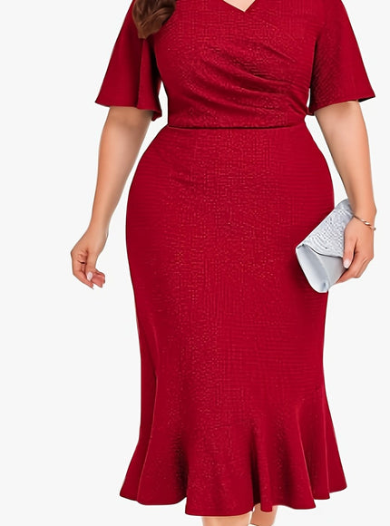 jkthpu-45 【Red】 / UK 18 Chic Plus Size Women's Midi Mermaid Cocktail Dress with Pleats and Short Sleeves 1X-6X