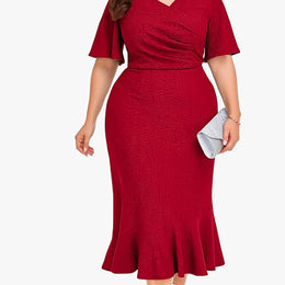 jkthpu-45 【Red】 / UK 18 Chic Plus Size Women's Midi Mermaid Cocktail Dress with Pleats and Short Sleeves 1X-6X