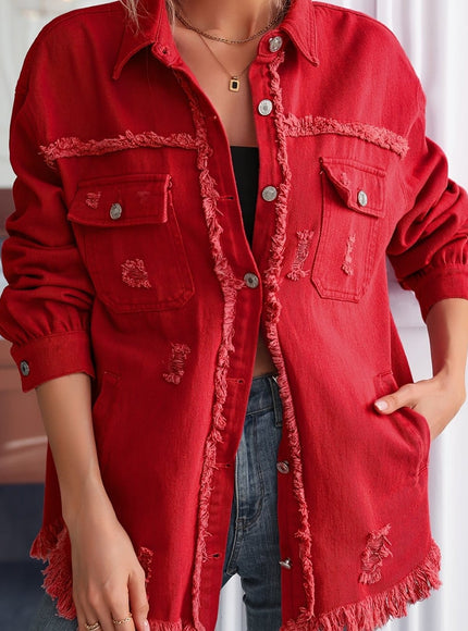 jkthpu-45 Red / UK 18 Chic Red MidLength Loose Denim Jacket for Women
