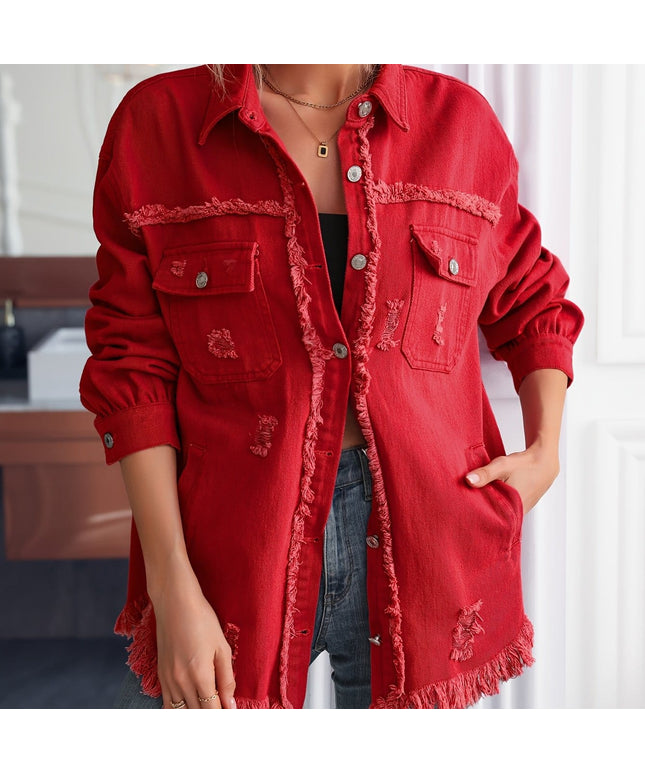 jkthpu-45 Red / UK 18 Chic Red MidLength Loose Denim Jacket for Women