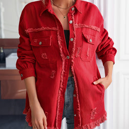 jkthpu-45 Red / UK 18 Chic Red MidLength Loose Denim Jacket for Women