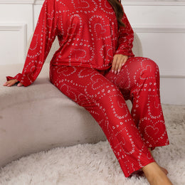 KissICON Red / UK 18 Curve 2pcs Heart Print Long Sleeve Pants – Pajama