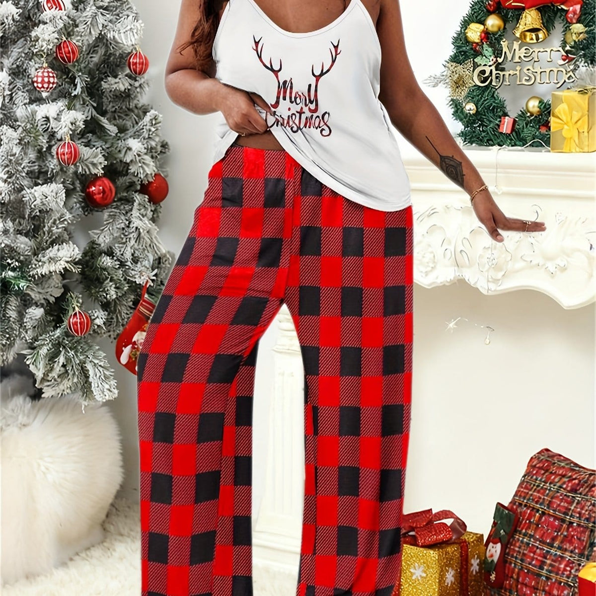 KissICON Red / UK 18 Curve Merry Plaid Christmas Cami Pajama Set