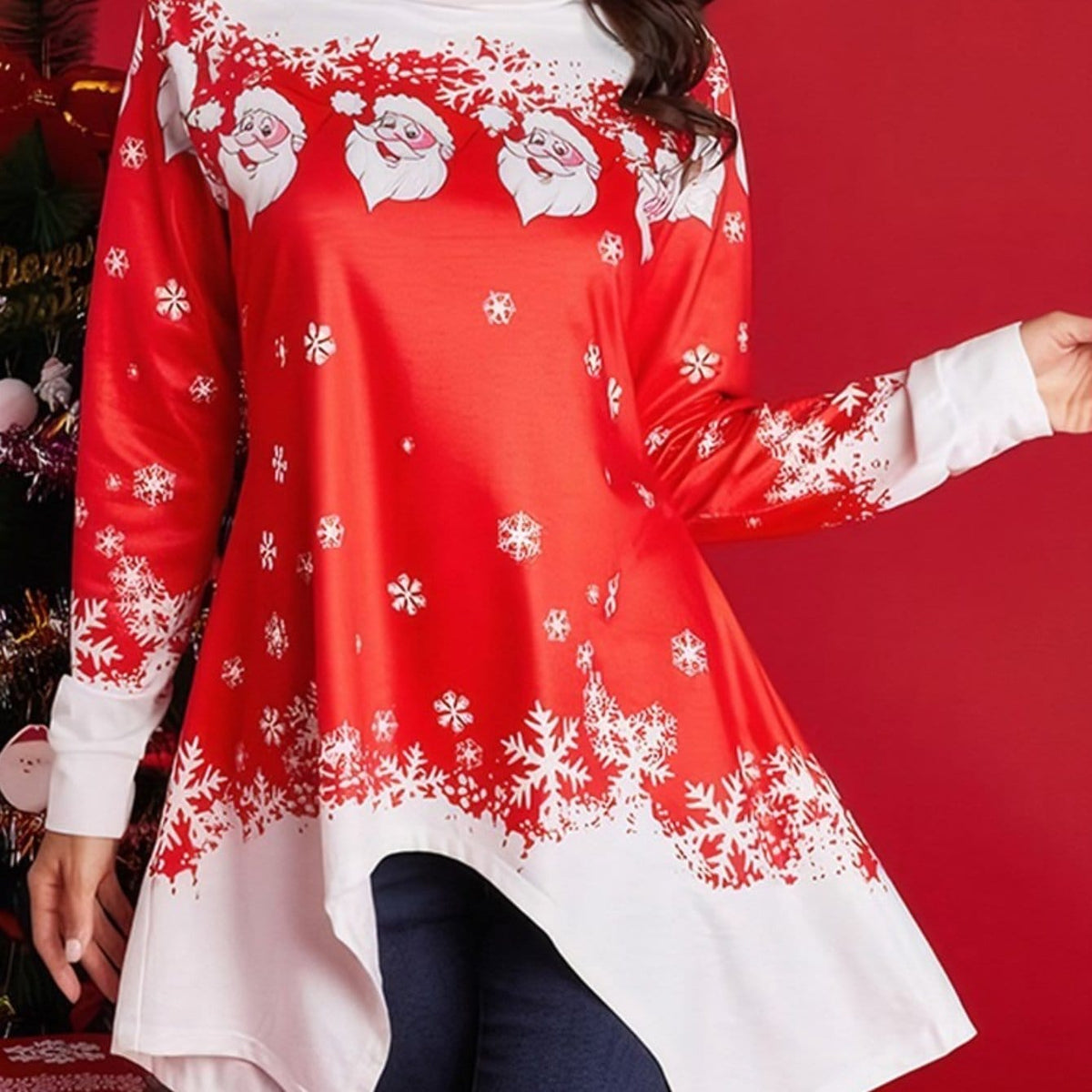 KissICON Red / UK 18 Curve Red Snowflake Santa Neck Tunic Top