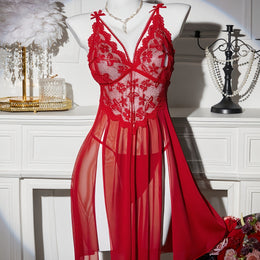 jkthpu-45 Red / UK 18 Floral Lace Splicing Slit Camisole Dress with Thong, Sexy Lingerie Nightgown Set