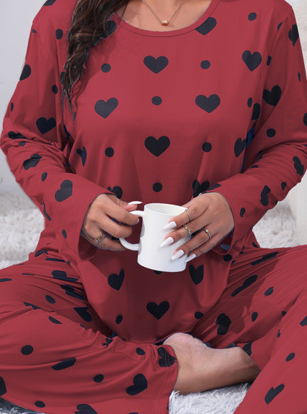 jkthpu-45 Red / UK 18 Plus Size Cozy Heart Print Pajama Set -