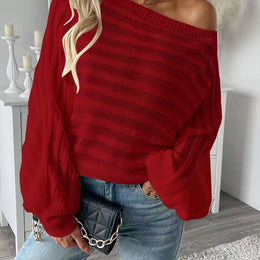jkthpu-45 Red / UK 18 Plus Size Off-Shoulder Knit Sweater – Solid Colour Multi-Option