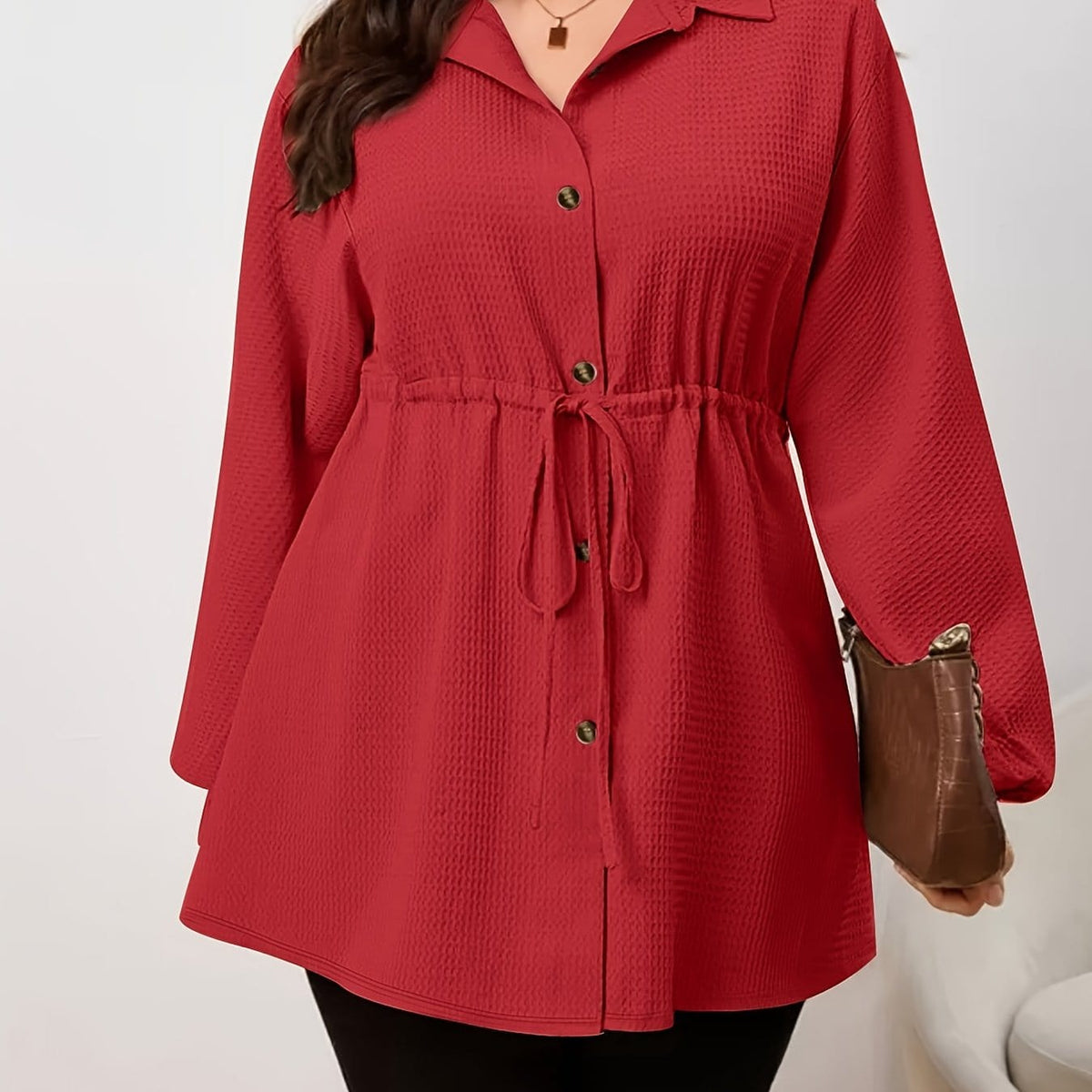 KissICON Red / UK 18 Plus Size - Plus Size, Women'S Elegant Long Sleeve Blouse - Button-Front Shirt with Drawstring Waist, Non-See-Through Fabric for Fall/Winter, Office, Party, Everyday Outfits - Women'S Formal & Casual Tops, Winter Wardrobe, Cl