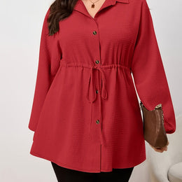 KissICON Red / UK 18 Plus Size - Plus Size, Women'S Elegant Long Sleeve Blouse - Button-Front Shirt with Drawstring Waist, Non-See-Through Fabric for Fall/Winter, Office, Party, Everyday Outfits - Women'S Formal & Casual Tops, Winter Wardrobe, Cl