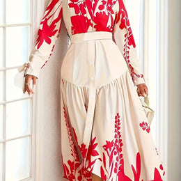 jkthpu-45 Red / UK 18 Plus Size - Plus Size - Women'S Floral Print Pencil Dress with Belt - Long Sleeve, V-Neck, High-Waisted, Button-Up Front, Lightweight, Perfect for Spring & Fall, Casual to Formal Wear, Casual Dressing | Vneck Dress | Fabric