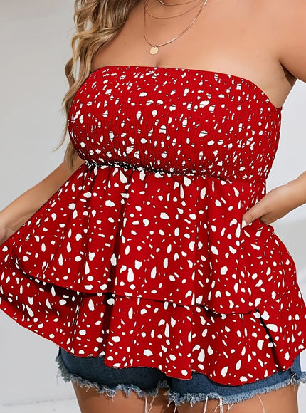 jkthpu-45 boobtube Red / UK 18 Plus Size Puff Sleeve Printed Ruffled Layered Top
