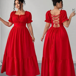 jkthpu-45 Red / UK 18 Plus Size, Women's Elegant Maxi Dress - Formal to Casual Party, Backless Square Neck Formal gown, Flared Hem, Plus Size Summer Dresses in Red for Weddings, Dinners, Vacations - Machine Washable Non-Stretch Fabric, Vacation Wear, Ruffled Sleeve Design, Wed
