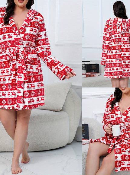 KissICON Red / UK 18 Soft Plush Hooded Robe – Cozy Christmas Lounging