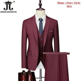 KissICON Red wine 3Pcs / M (US XXS) Mens Solid Color Formal Business 3Piece Suit M6XL