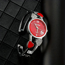 KissICON red Xinhua Fashion Women Stainless Steel Bracelet Watch Bangle Lover Heart Shape Wristwatches Female Best Gift Clock Relogios