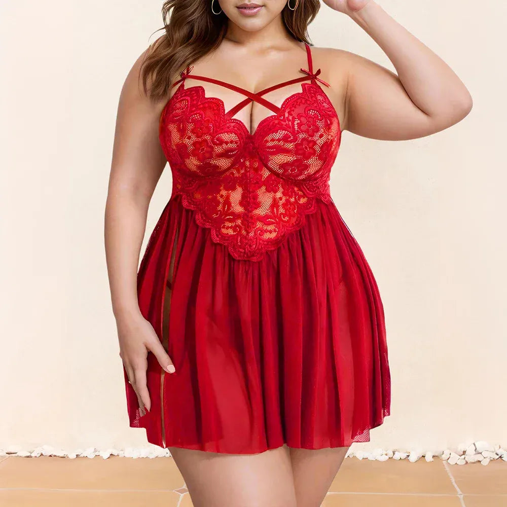 KissICON Red / XL 1xl-5xl Curve Women's Lace Spliced Strappy Sleepdress