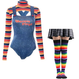 KissICON Red / XL / halloween costume Halloween Costumes for Women Scary Nightmare Killer Doll Wanna Play Movie Character Chucky Doll Costume With Stockings