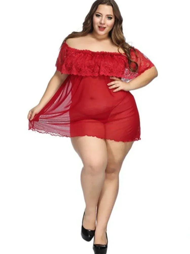 KissICON Red / XL XL 5XL Curve Lace Chiffon Robe – Sheer Loungewear Red