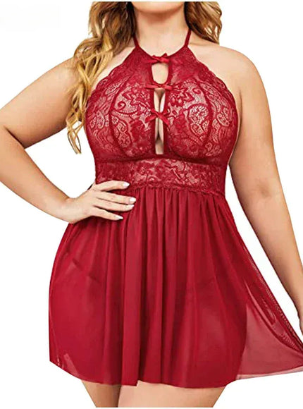 KissICON Red / XXL XL 5XL Curve Halter Lace Lingerie – Cutout Front Sheer
